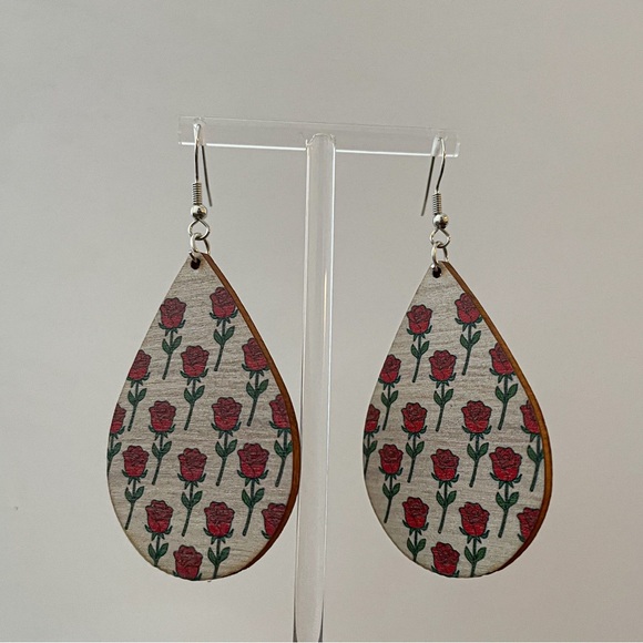 Rose Patterned Wooden Teardrop Earrings - Picture 2 of 2
